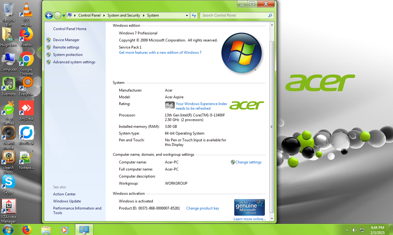 Windows 7 Acer Aspire VM1